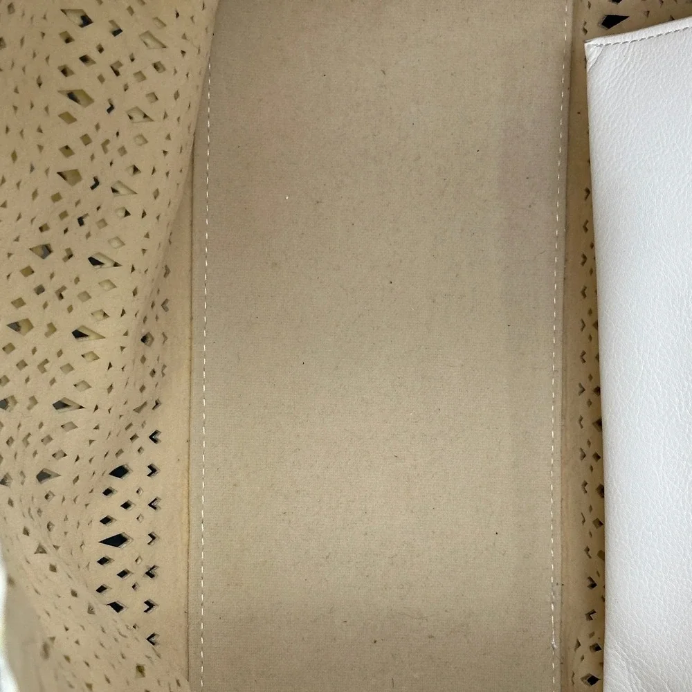 Madison West Laser Cut Perforated Scalloped White Vegan Leather‎ Tote Bag